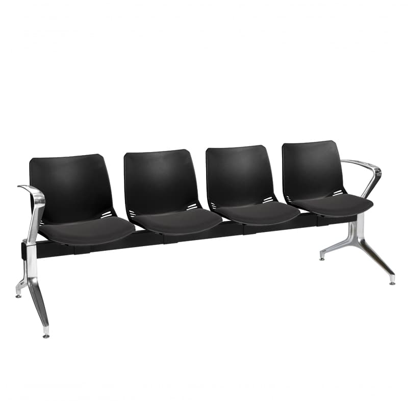 Neptune Visitor 4 Seat Module, 2 Chrome Arms -  4 Black Shell Seats with Black Vinyl Upholstered Seat Pads