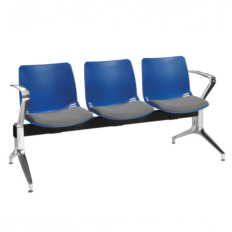 Neptune Visitor 3 Seat Module, 2 Chrome Arms - 3 Blue Shell Seats with Grey Vinyl Upholstered Seat Pads
