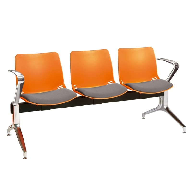 Neptune Visitor 3 Seat Module, 2 Chrome Arms - 3 Orange Shell Seats with Grey Vinyl Upholstered Seat Pads