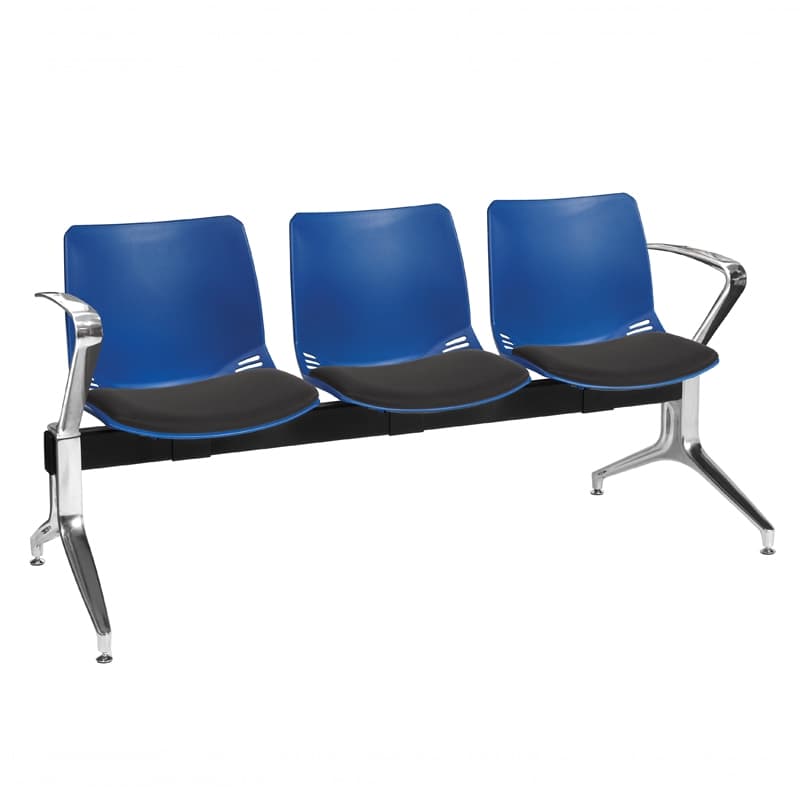 Neptune Visitor 3 Seat Module, 2 Chrome Arms - 3 Blue Shell Seats with Black Vinyl Upholstered Seat Pads 