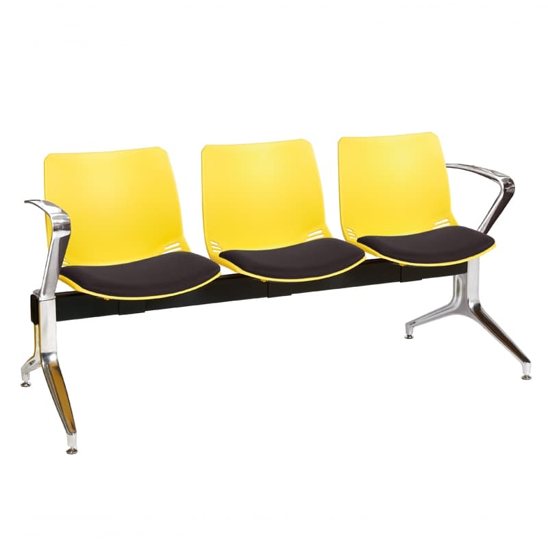 Neptune Visitor 3 Seat Module, 2 Chrome Arms - 3 Yellow Shell Seats with Black vinyl Upholstered Seat Pads