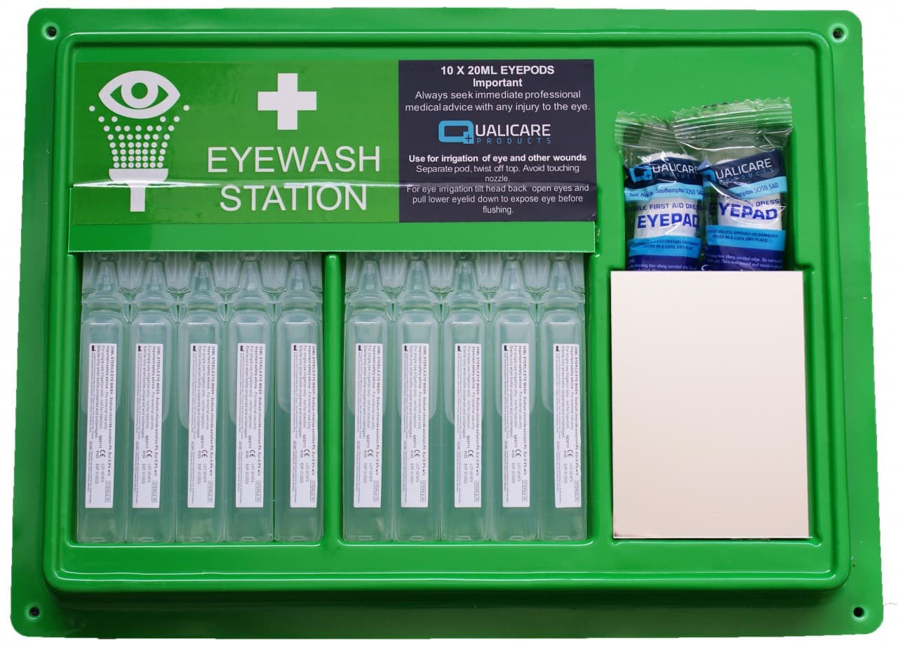 Eye Wash Station 10 x 20ml Pods 2 x Eyepads and Mirror