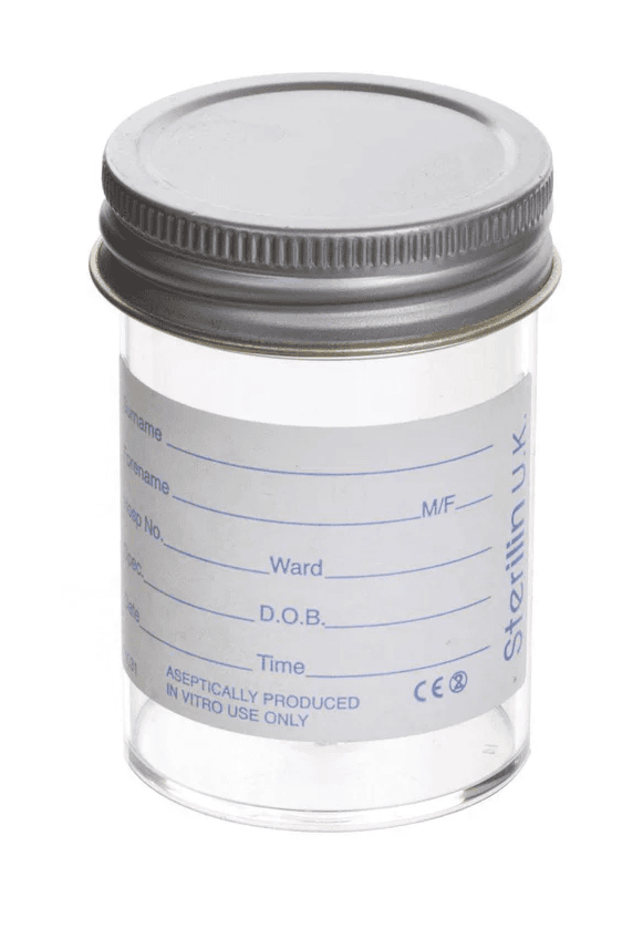 60ml Urine Container - Printed Label, Metal Flow Seal Cap (300