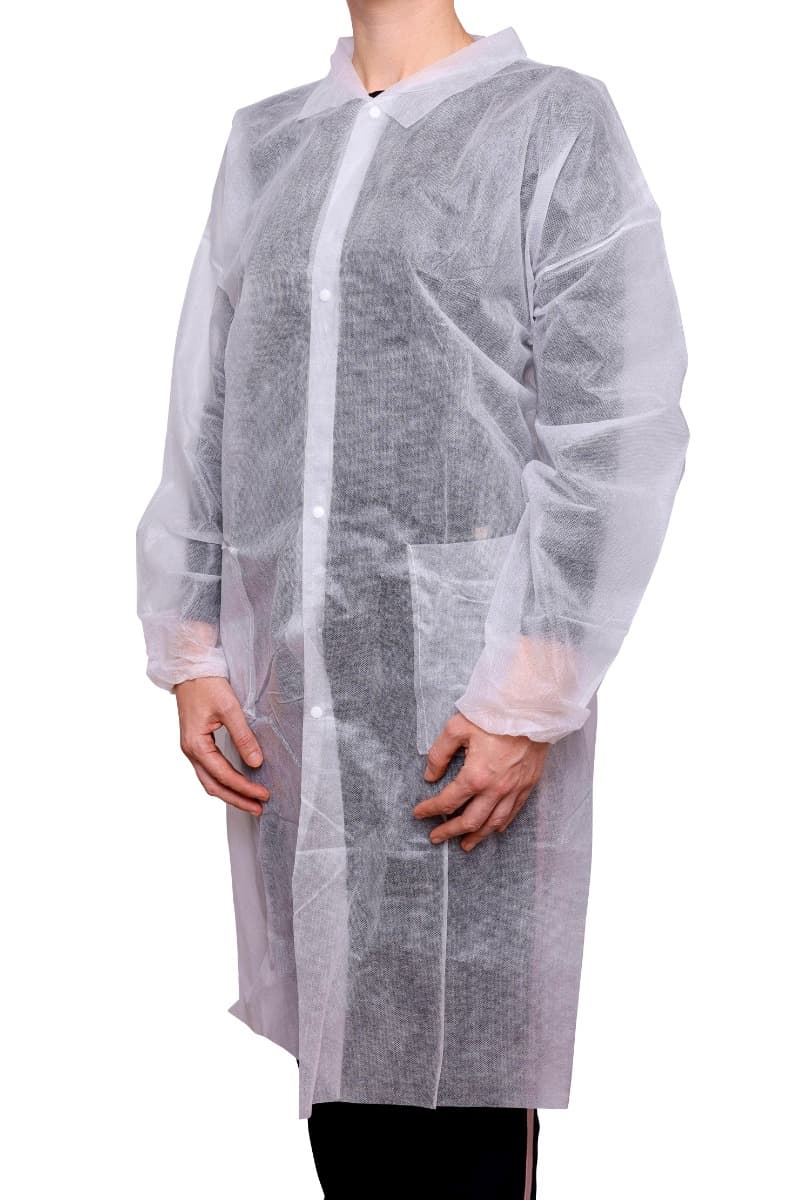 LARGE White Disposable Lab Coats Button Closure - Case (10 x 10)